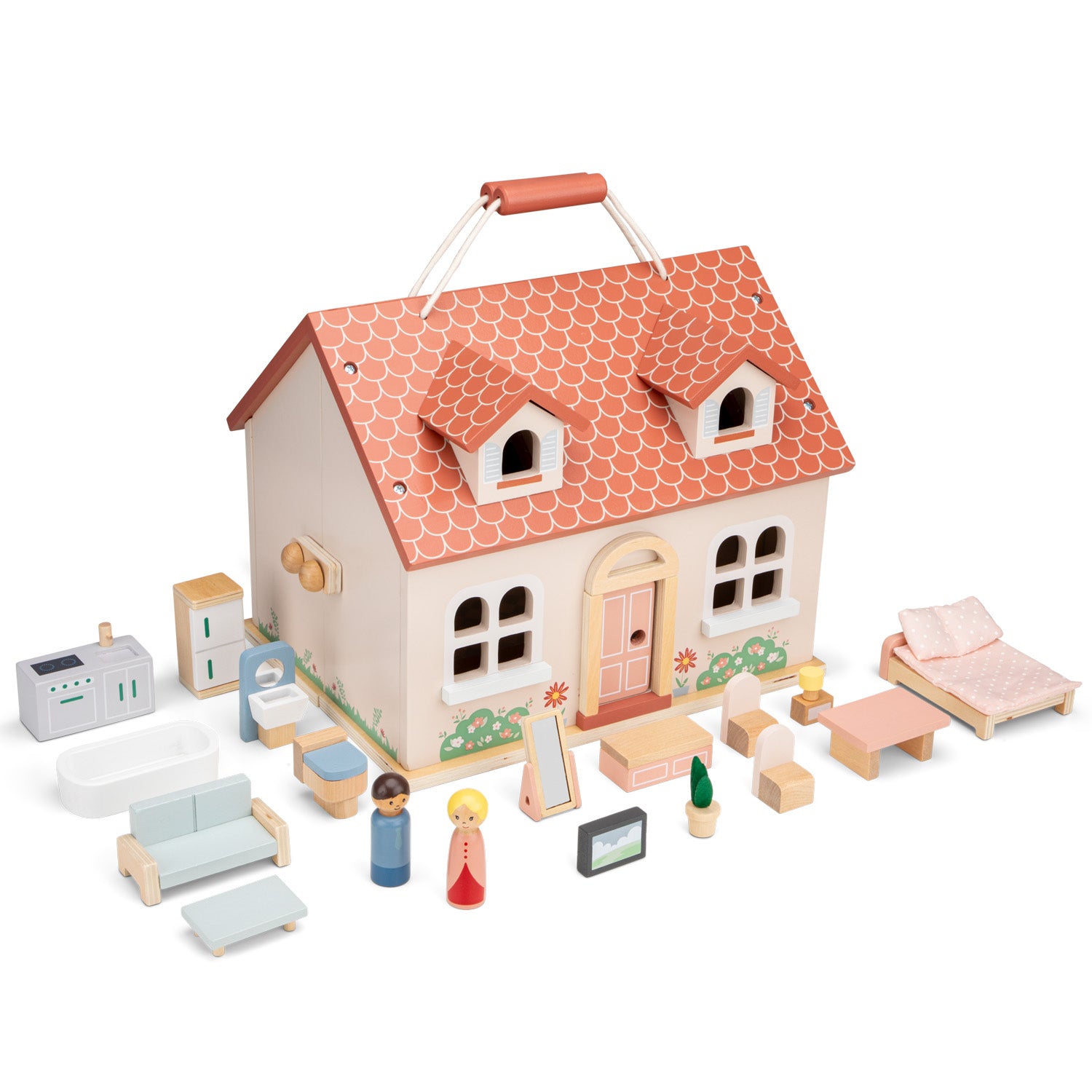 Wooden toy foldable dollhouse + furniture for children from woet